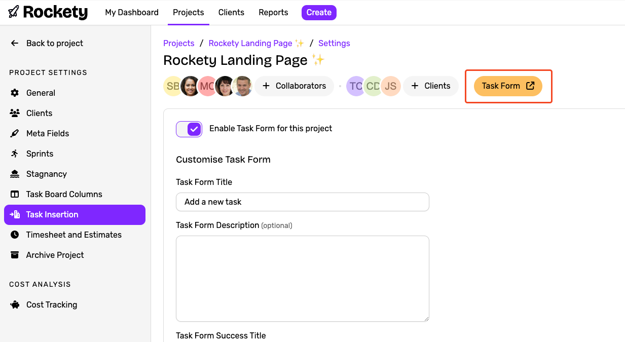 Task Form button